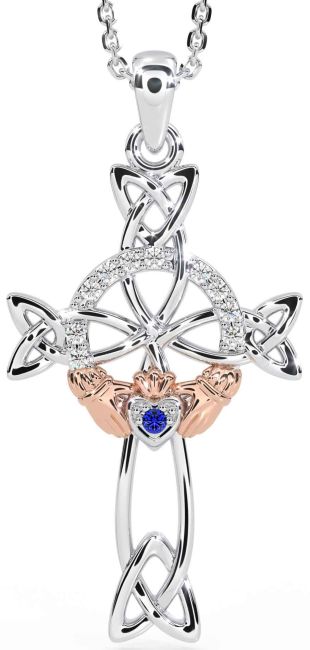 Diamond Sapphire White Rose Gold Claddagh Celtic Cross Necklace