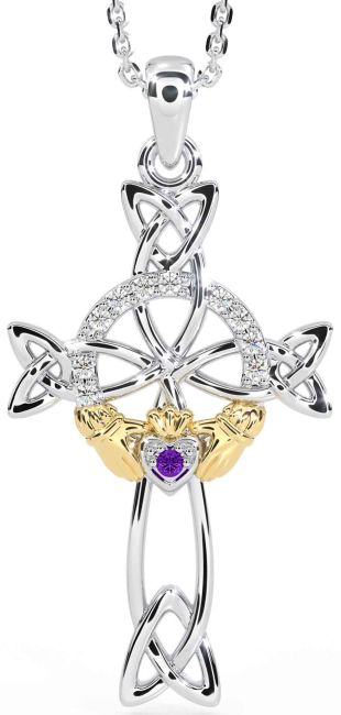 Diamond Amethyst White Yellow Gold Claddagh Celtic Cross Necklace