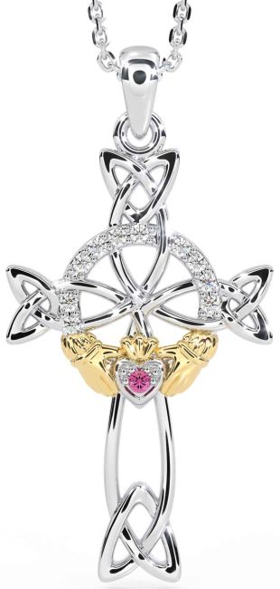 Diamond Pink Tourmaline White Yellow Gold Claddagh Celtic Cross Necklace