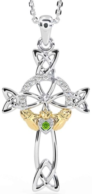 Diamond Peridot White Yellow Gold Claddagh Celtic Cross Necklace