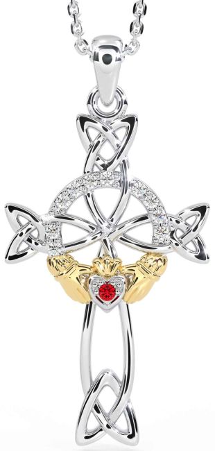 Diamond Ruby White Yellow Gold Claddagh Celtic Cross Necklace