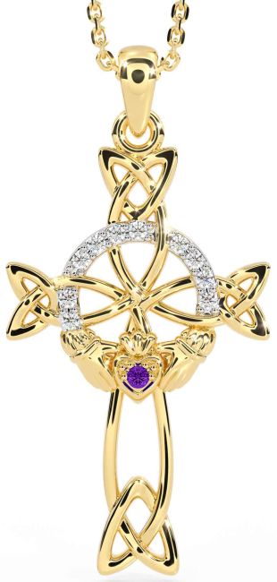 Diamond Amethyst Gold Claddagh Celtic Cross Necklace