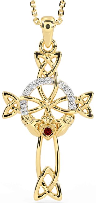 Diamond Garnet Gold Claddagh Celtic Cross Necklace