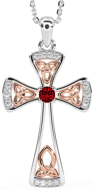 Diamond Garnet Rose Gold Silver Celtic Cross Necklace