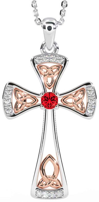 Diamond Ruby Rose Gold Silver Celtic Cross Necklace