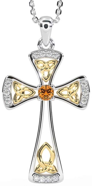 Diamond Citrine Gold Silver Celtic Cross Necklace