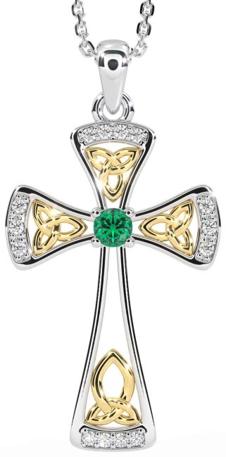 Diamond Emerald Gold Silver Celtic Cross Necklace