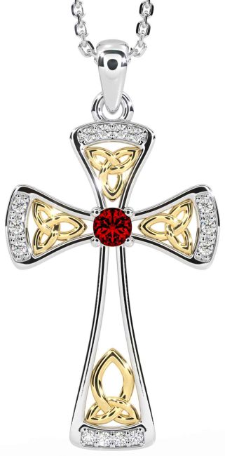Diamond Garnet Gold Silver Celtic Cross Necklace