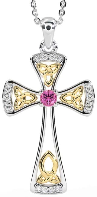 Diamond Pink Tourmaline Gold Silver Celtic Cross Necklace