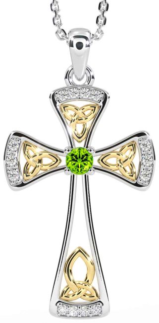 Diamond Peridot Gold Silver Celtic Cross Necklace