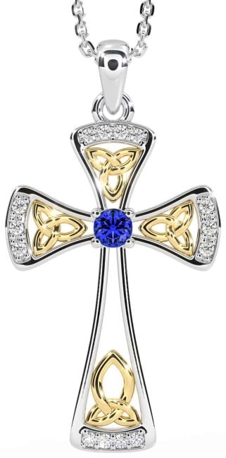 Diamond Sapphire Gold Silver Celtic Cross Necklace