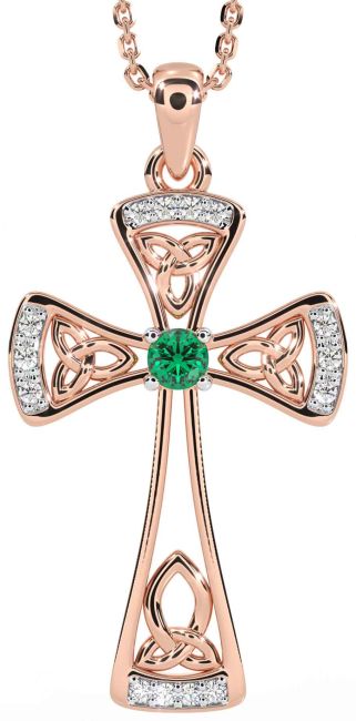 Diamond Emerald Rose Gold Silver Celtic Cross Necklace