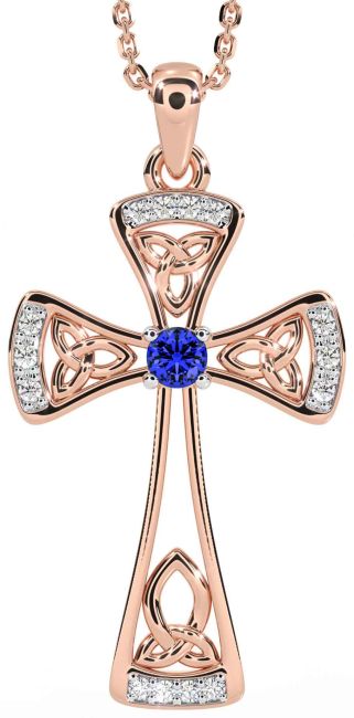 Diamond Sapphire Rose Gold Silver Celtic Cross Necklace