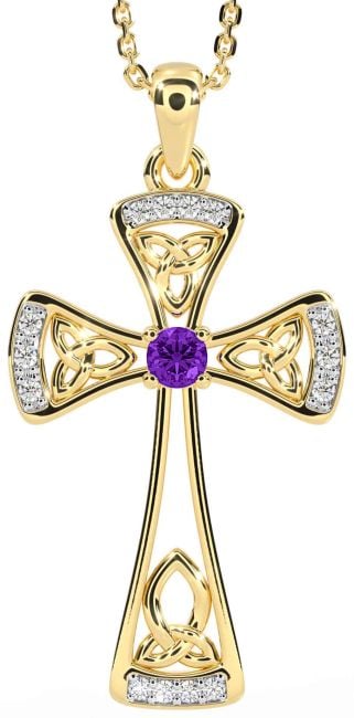 Diamond Amethyst Gold Silver Celtic Cross Necklace