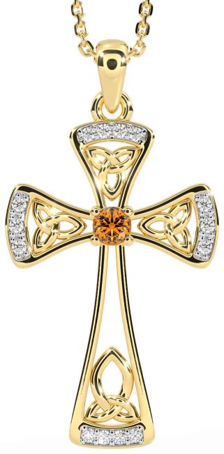 Diamond Citrine Gold Silver Celtic Cross Necklace