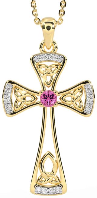 Diamond Pink Tourmaline Gold Silver Celtic Cross Necklace