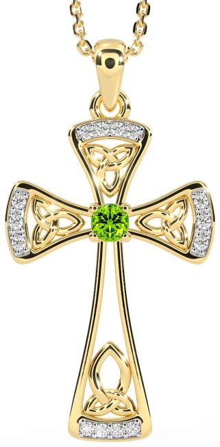 Diamond Peridot Gold Silver Celtic Cross Necklace