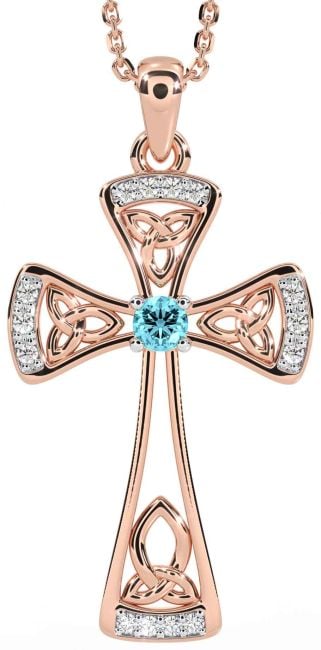 Diamond Aquamarine Rose Gold Celtic Cross Necklace