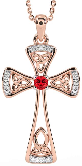 Diamond Ruby Rose Gold Celtic Cross Necklace