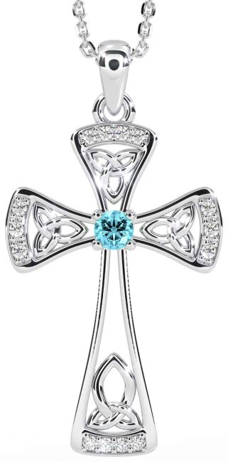 Diamond Aquamarine Silver Celtic Cross Necklace