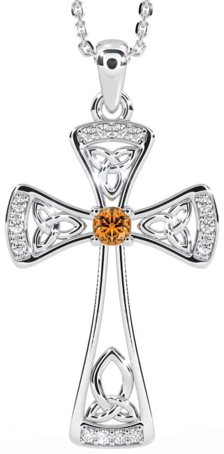 Diamond Citrine Silver Celtic Cross Necklace