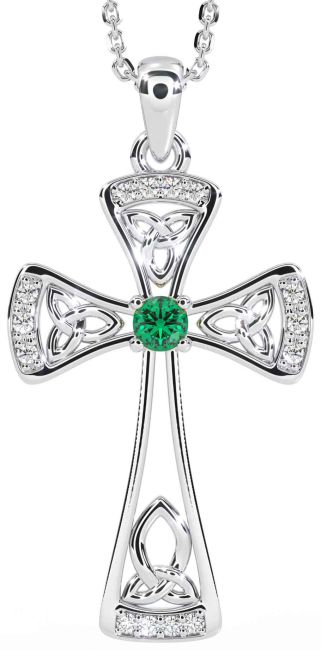 Diamond Emerald Silver Celtic Cross Necklace