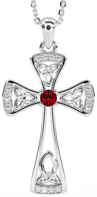 Diamond Garnet Silver Celtic Cross Necklace