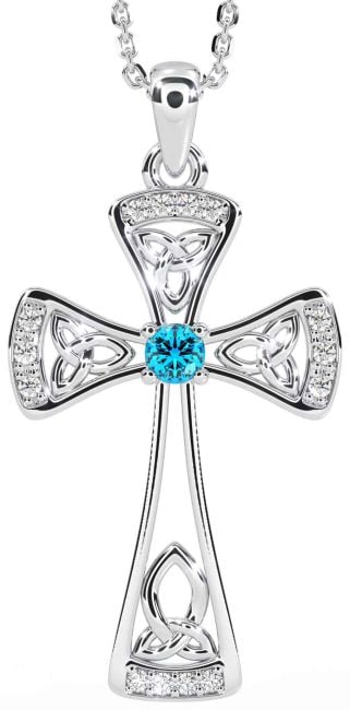 Diamond Topaz Silver Celtic Cross Necklace