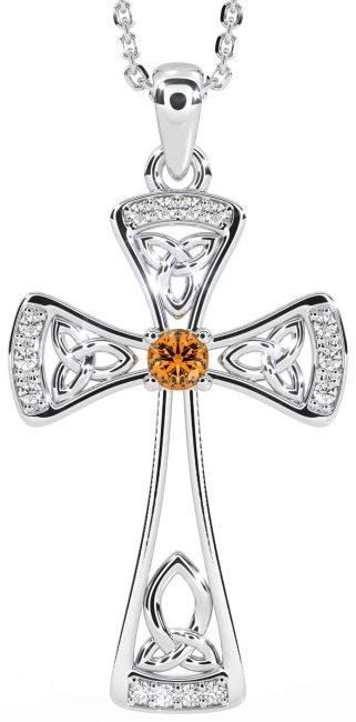 Diamond Citrine White Gold Celtic Cross Necklace