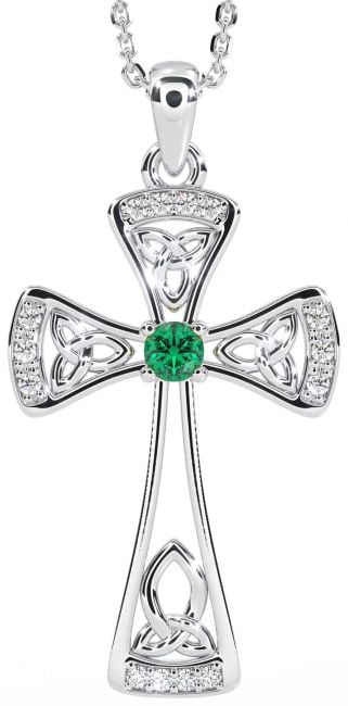 Diamond Emerald White Gold Celtic Cross Necklace