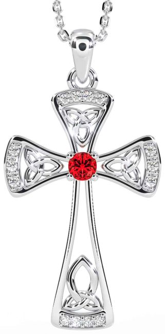 Diamond Ruby White Gold Celtic Cross Necklace