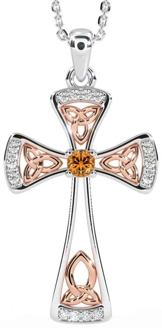 Diamond Citrine White Rose Gold Celtic Cross Necklace