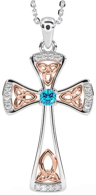 Diamond Topaz White Rose Gold Celtic Cross Necklace