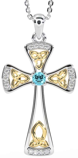 Diamond Aquamarine White Yellow Gold Celtic Cross Necklace