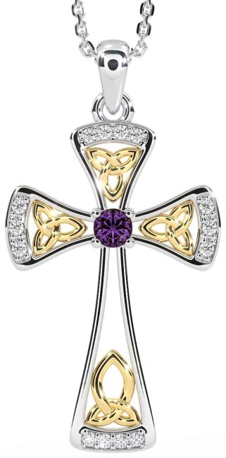 Diamond Alexandrite White Yellow Gold Celtic Cross Necklace