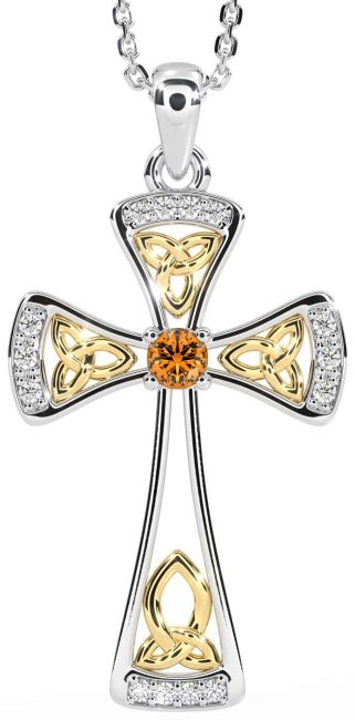 Diamond Citrine White Yellow Gold Celtic Cross Necklace