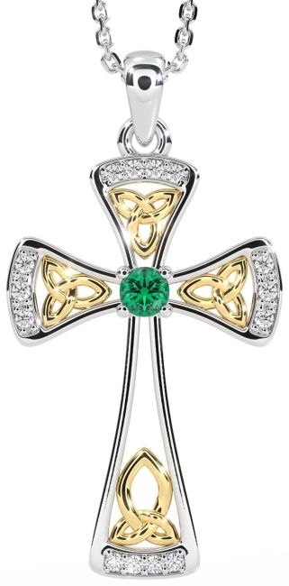 Diamond Emerald White Yellow Gold Celtic Cross Necklace