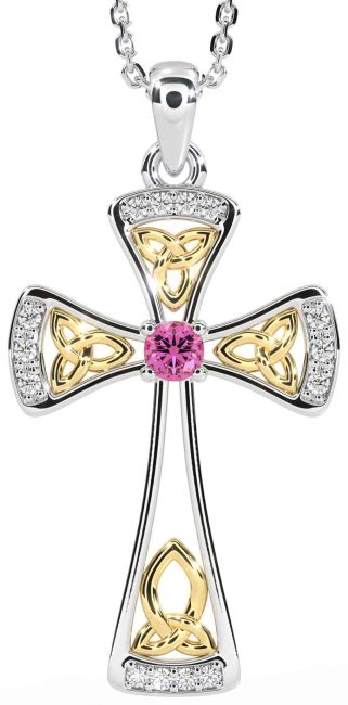 Diamond Pink Tourmaline White Yellow Gold Celtic Cross Necklace