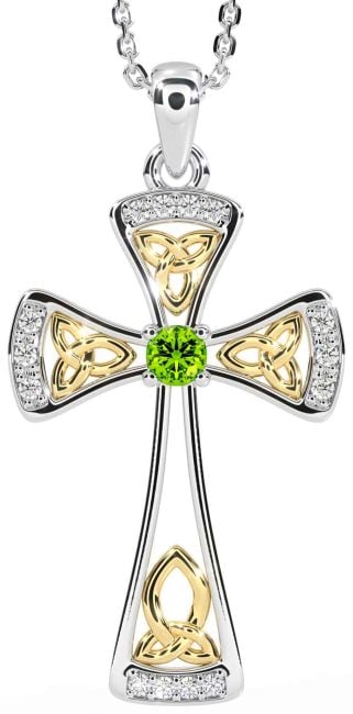 Diamond Peridot White Yellow Gold Celtic Cross Necklace