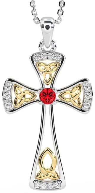 Diamond Ruby White Yellow Gold Celtic Cross Necklace