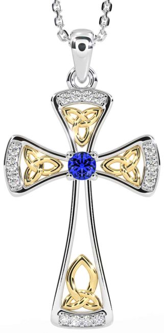 Diamond Sapphire White Yellow Gold Celtic Cross Necklace