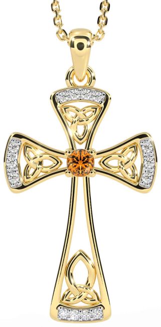 Diamond Citrine Gold Celtic Cross Necklace