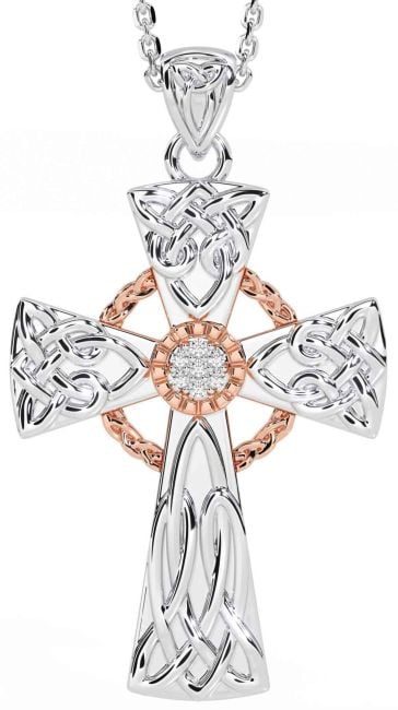 Diamond Rose Gold Silver Celtic Cross Necklace