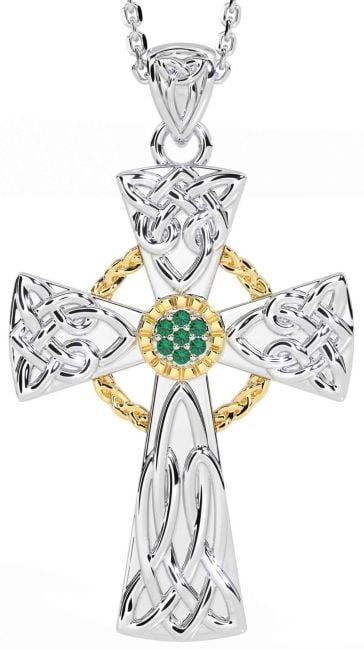 Emerald Gold Silver Celtic Cross Necklace