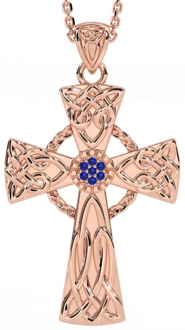 Sapphire Rose Gold Silver Celtic Cross Necklace