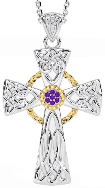 Amethyst White Yellow Gold Celtic Cross Necklace