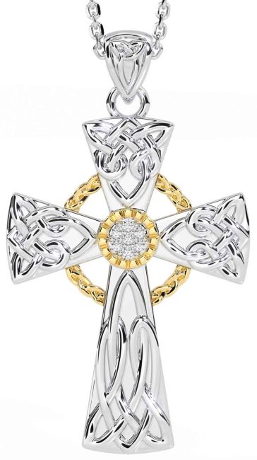 Diamond White Yellow Gold Celtic Cross Necklace