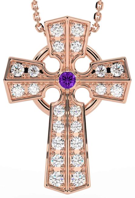 Diamond Amethyst Rose Gold Silver Celtic Cross Necklace