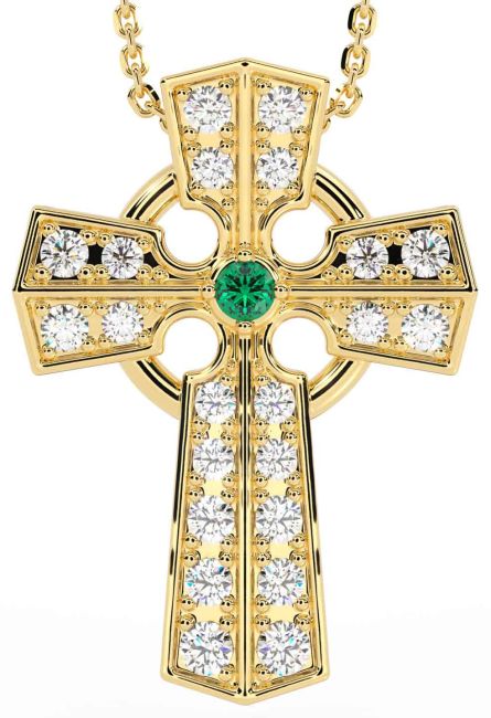 Diamond Emerald Gold Silver Celtic Cross Necklace