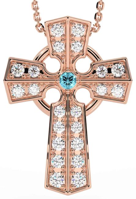 Diamond Aquamarine Rose Gold Celtic Cross Necklace